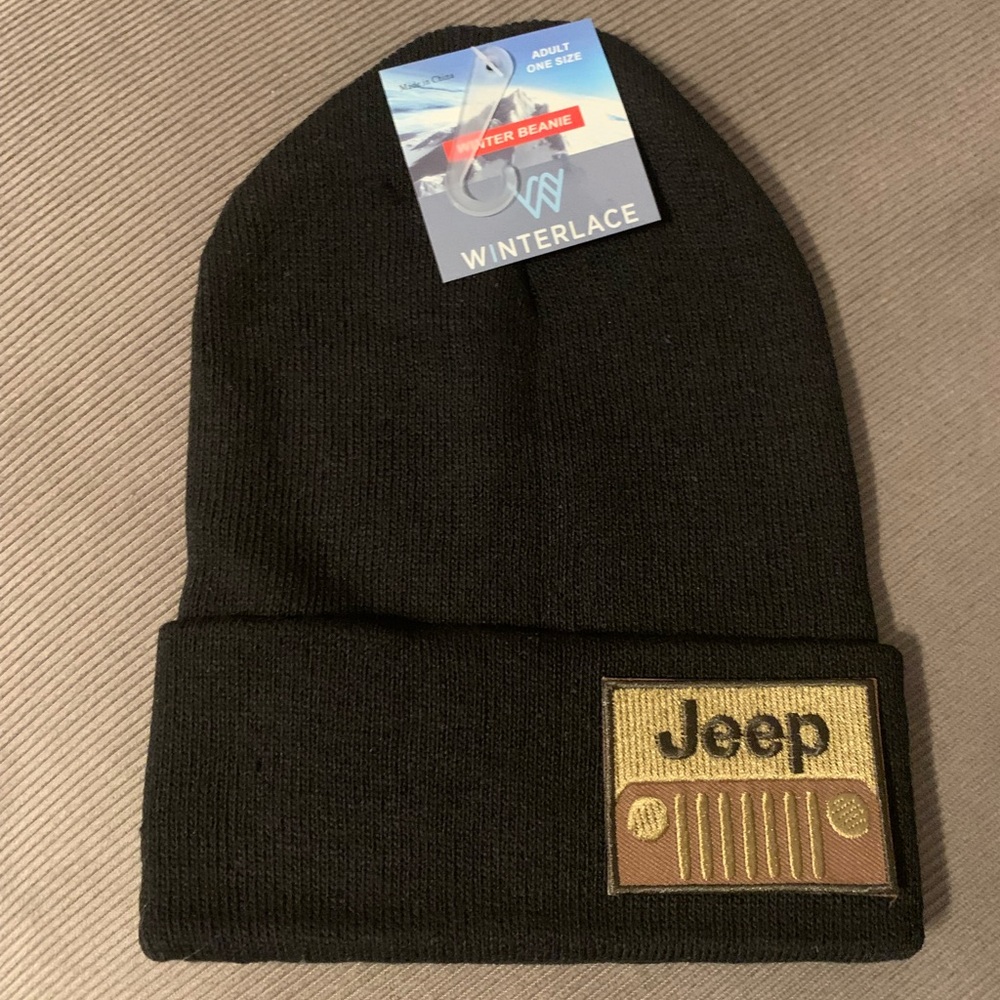 COPY - Black beanie w embroidered Jeep patch. Soft and stretchy one size fits m…